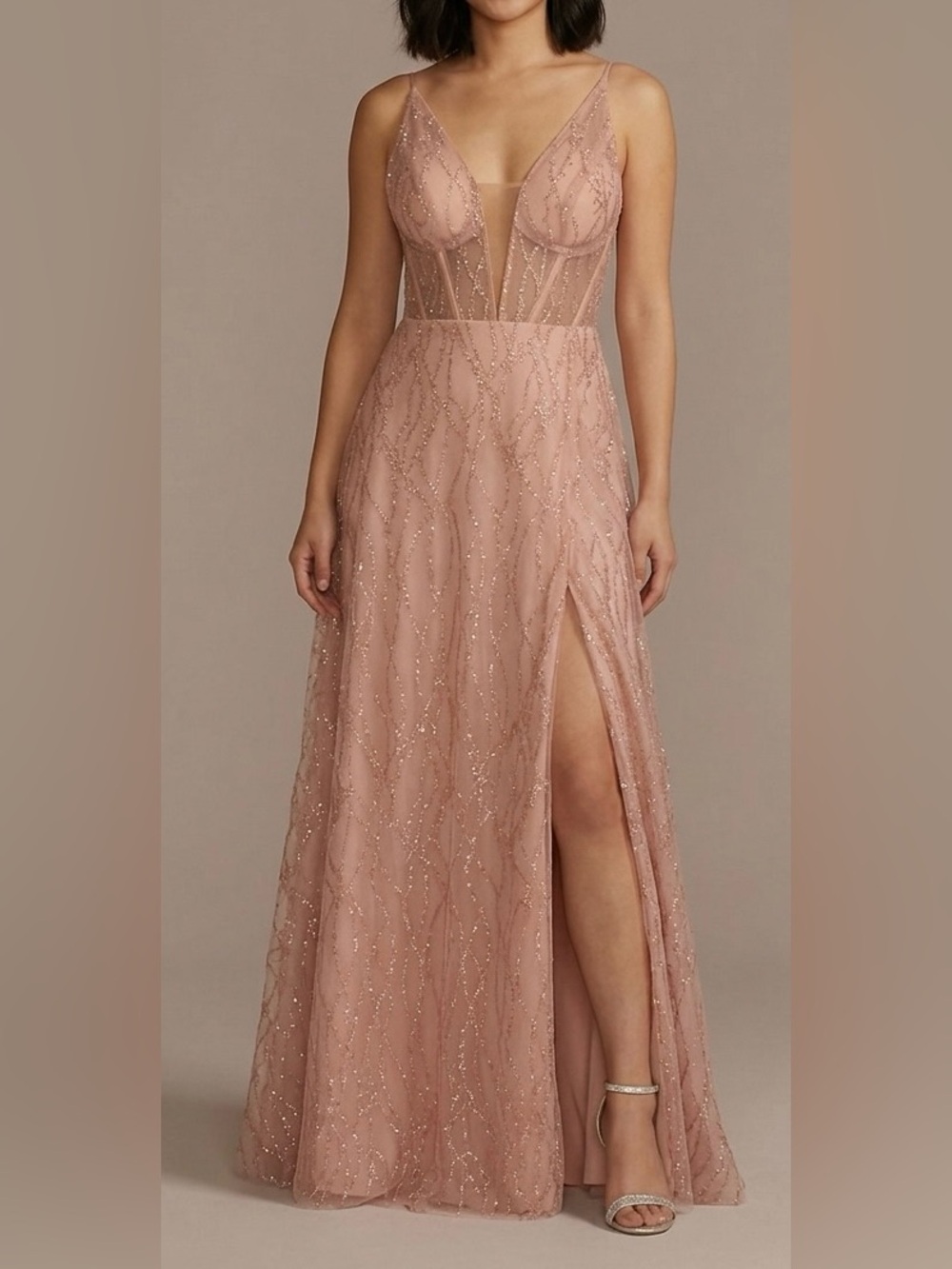 Galina Signature Blush Pink Beaded A-Line Evening Dress w/Slit (David's Bridal)